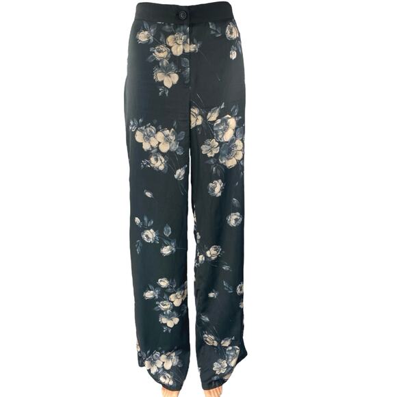Rue 8isquit Womens Black Floral High Rise Wide Leg Button Trousers Pants 42/US M - Picture 1 of 6